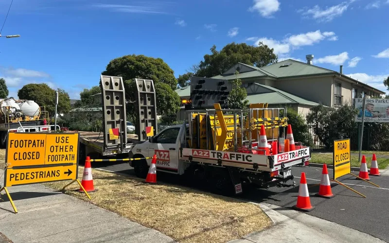 A2Z Traffic vehicle with cones and signs managing road and footpath closures in Victoria.